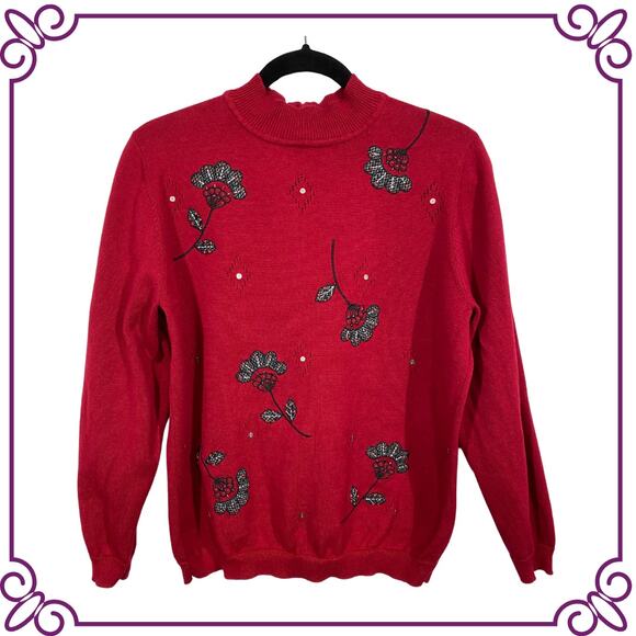 Alfred Dunner Red Embroidered Mock Turtle Neck Long Sleeve Sweater Size Medium - Picture 1 of 8